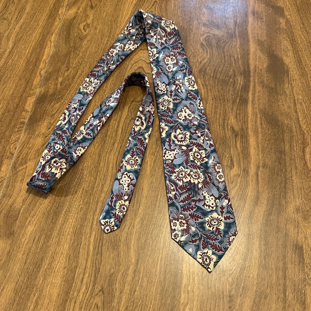 Rooster Vtg West End Collection Silk Tie Mens Blue Burgundy Floral USA Made